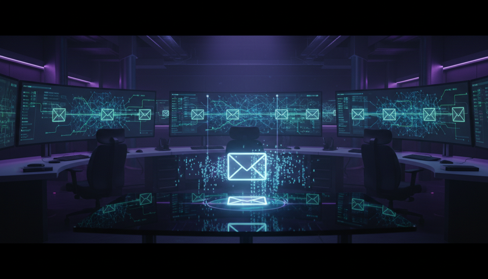 Cybersecurity operations center with AI-powered email threat detection systems analyzing phishing attacks