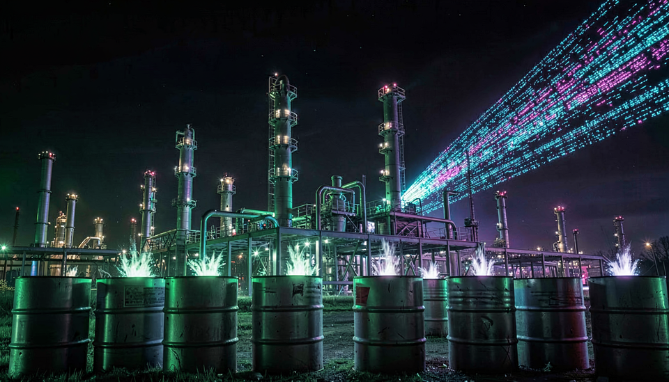 Industrial oil refinery at night reimagined as a glowing data-processing plant, barrels of light feeding neon distillation towers