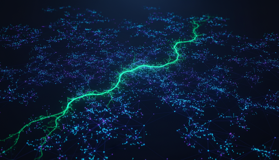 Abstract visualisation of an autonomous AI agent rapidly spreading through a cloud infrastructure network rendered in dark tones with cyber green and electric blue accents