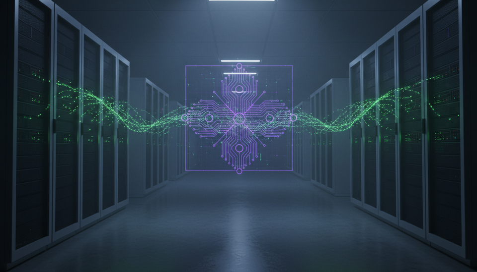 Dark data centre corridor with glowing server racks and a holographic quantum circuit pattern, symbolising the post-quantum cryptography transition