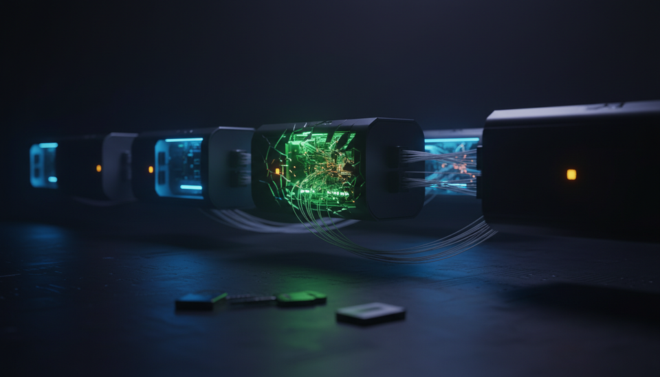 Abstract illustration of an AI agent pipeline network with compromised nodes glowing green amid blue data streams, representing supply chain infiltration