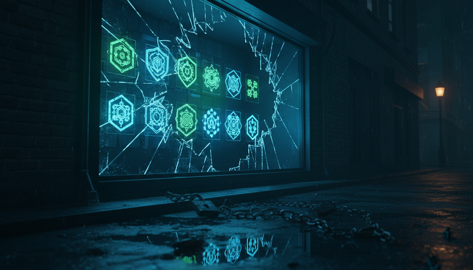 A dark neon-lit digital storefront with broken chains and AI model icons displayed as products behind cracked glass, symbolising jailbroken AI access