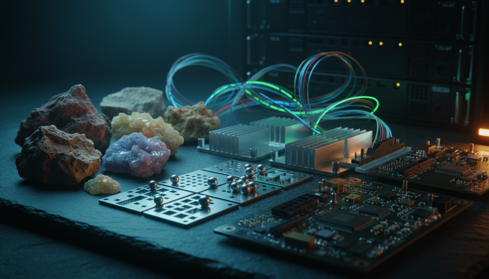Raw rare earth minerals alongside fibre optic cables and server components, illustrating the critical link between mineral supply chains and datacenter infrastructure