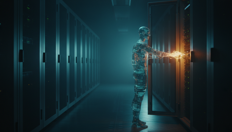 A translucent figure formed of glowing code reaches into an open server rack in a darkened data-centre aisle, amber light at the point of contact