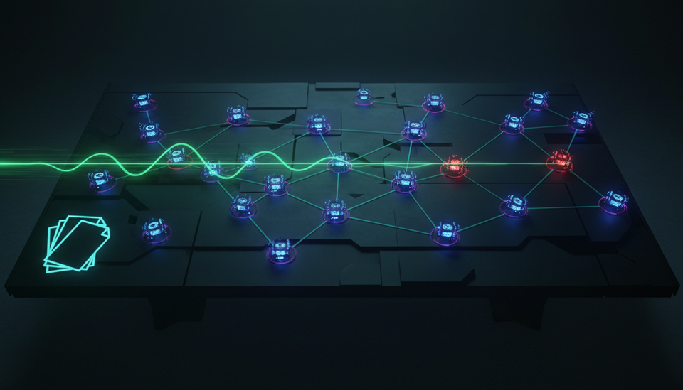 Abstract network topology with a rapid wave of green light sweeping across nodes, symbolising an AI-driven ransomware intrusion compressing attack timelines
