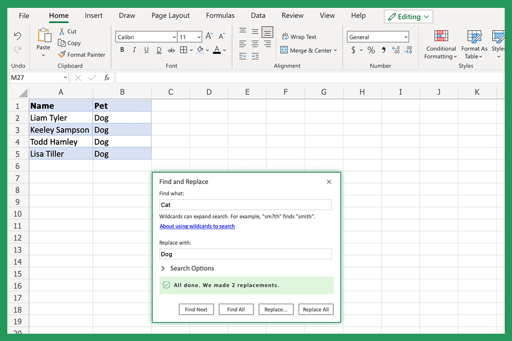 Screenshot showing successfully found and replaced text strings in Excel
