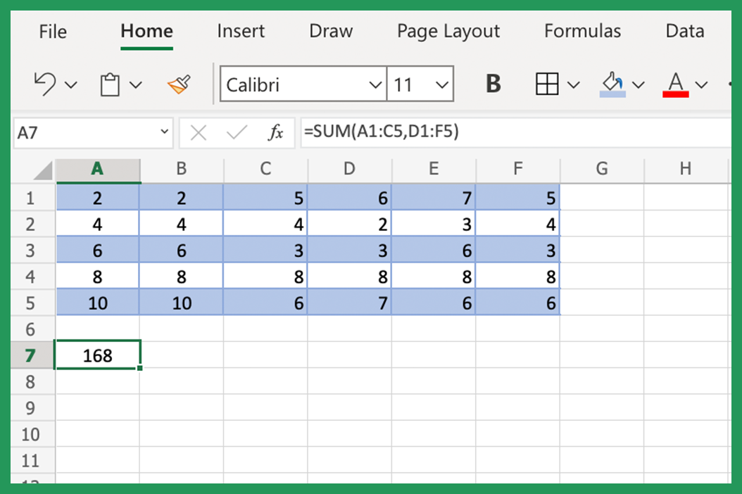Screenshot of Excel table showing SUM formula to calculate multiple cell range.