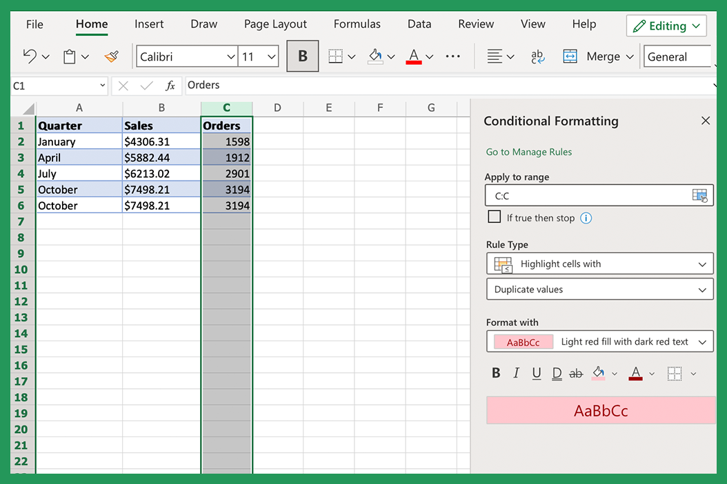 Screenshot showing how to use Conditional Formatting to remove duplicate values in Excel.