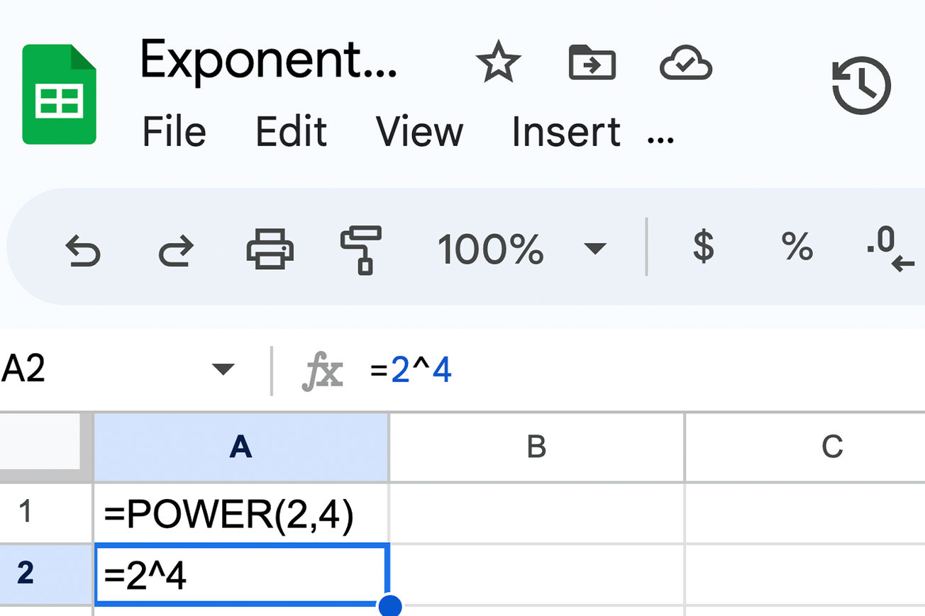 Showing how to use exponent two ways in Google Sheets
