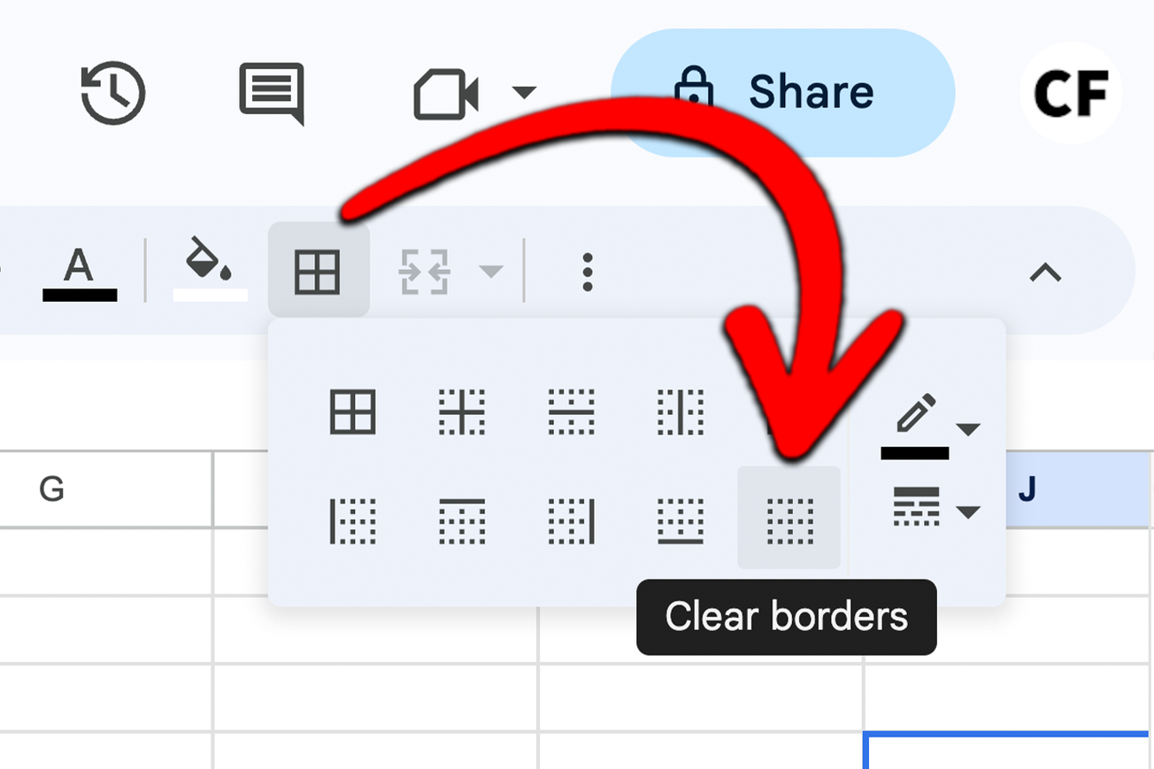 Screen showing where to click to remove borders in Google Sheets