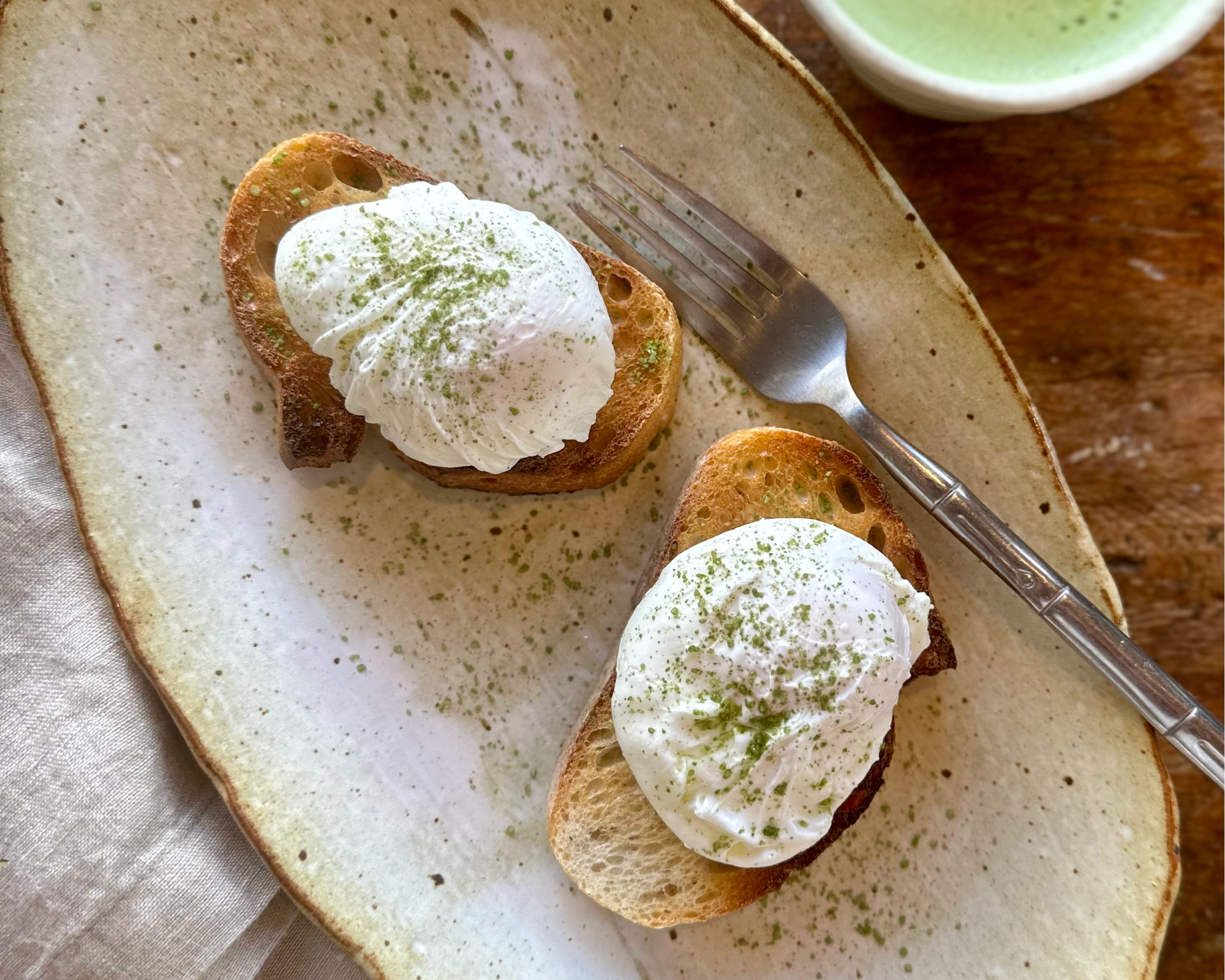 Matcha Poached Eggs and Toast with Matcha Salt