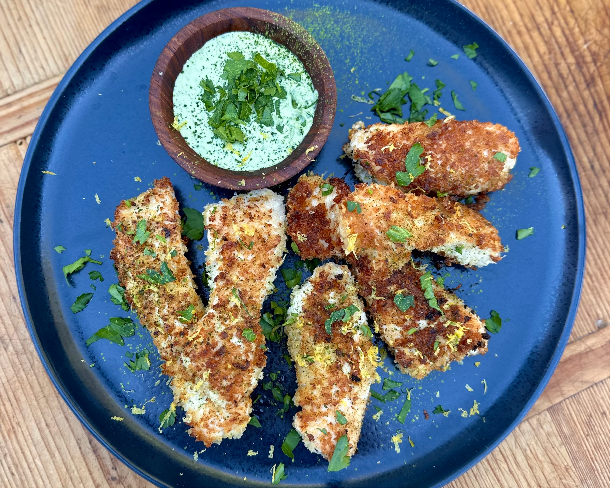Panko Crusted Chicken Strips with Matcha Crema