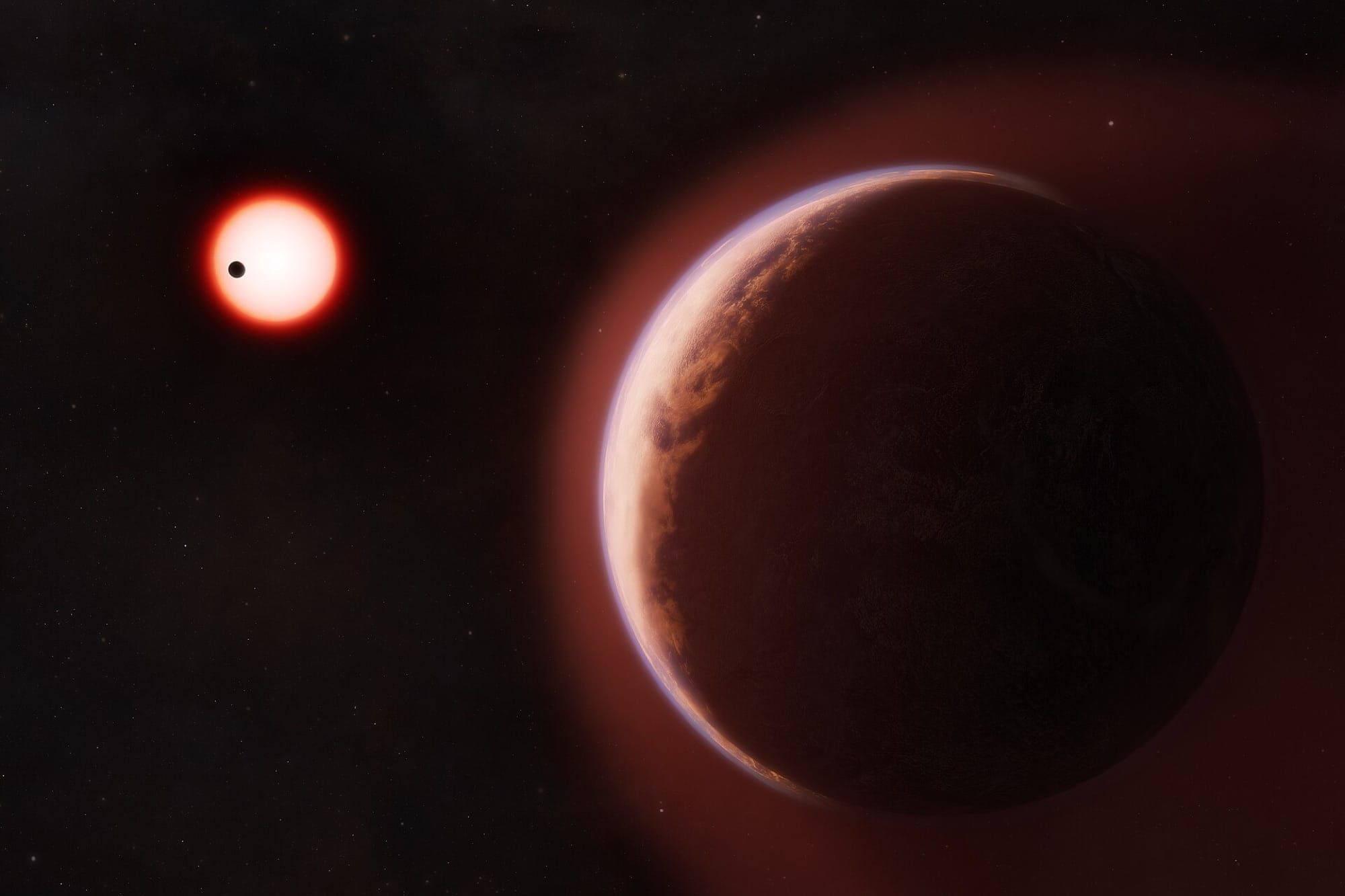 Reprezentare artistică a planetei stâncoase LHS 1140 b și a stelei sale pitice roșii