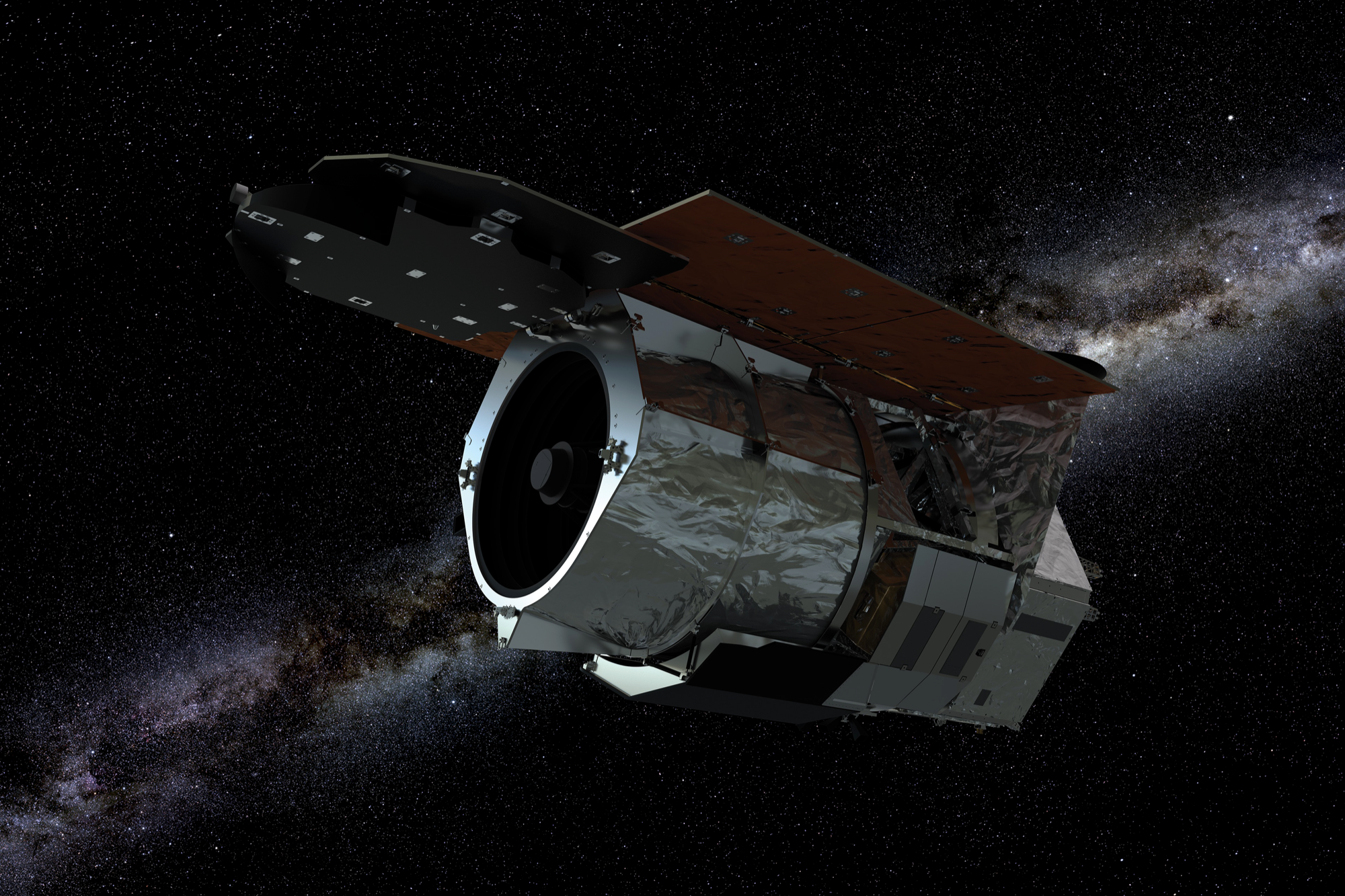 Reprezentare a telescopului spațial Nancy Grace Roman al NASA în spațiu