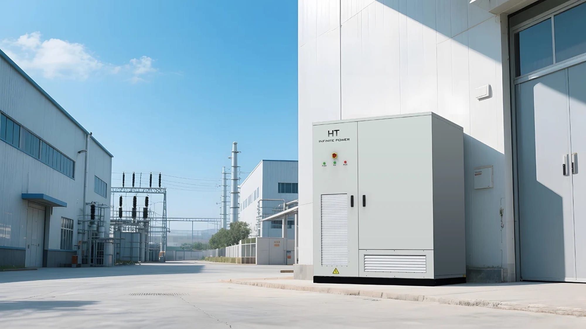Container industrial de stocare a energiei în baterii, lângă o clădire industrială