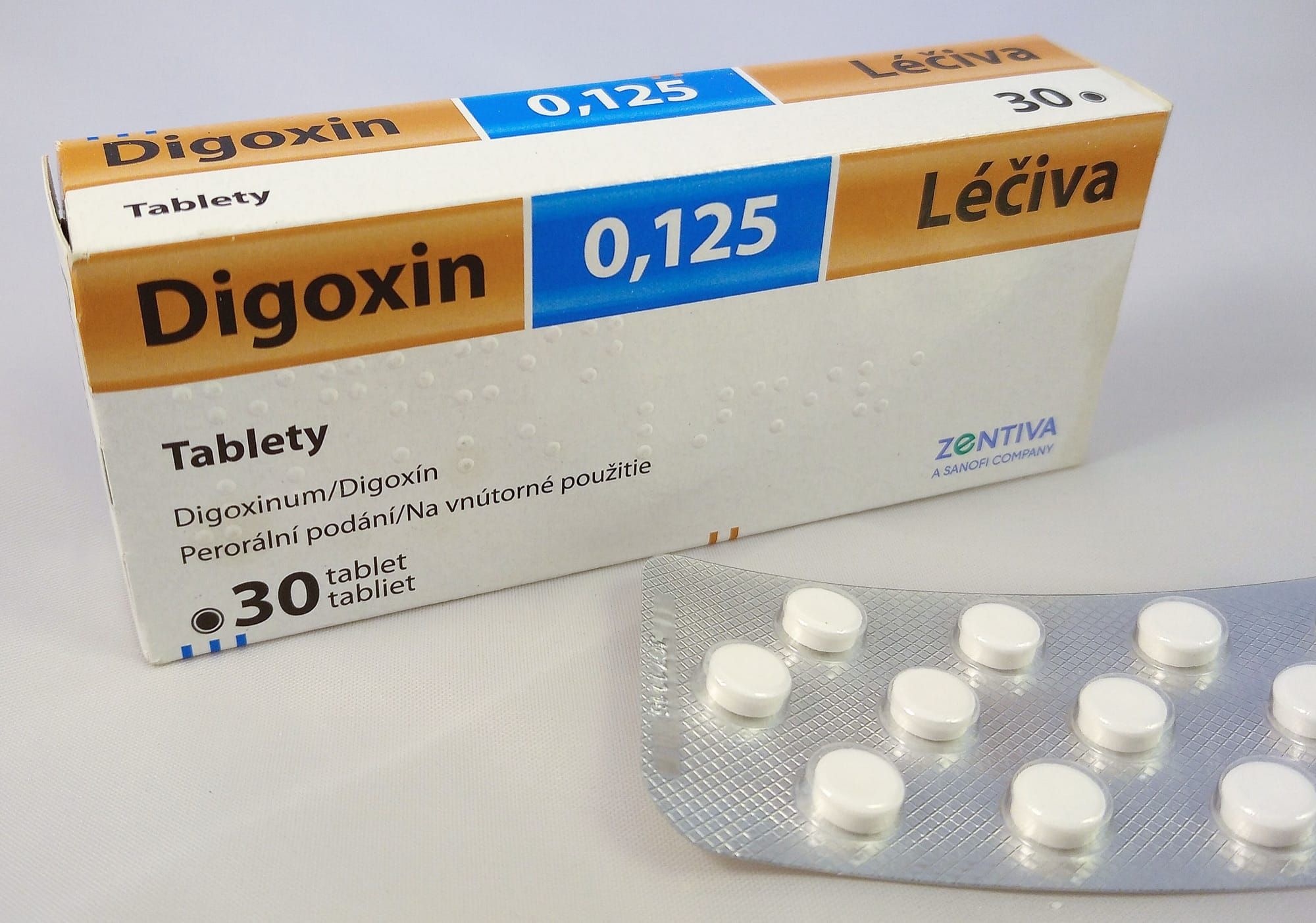 Cutie și blister de tablete de digoxină 0,125 mg