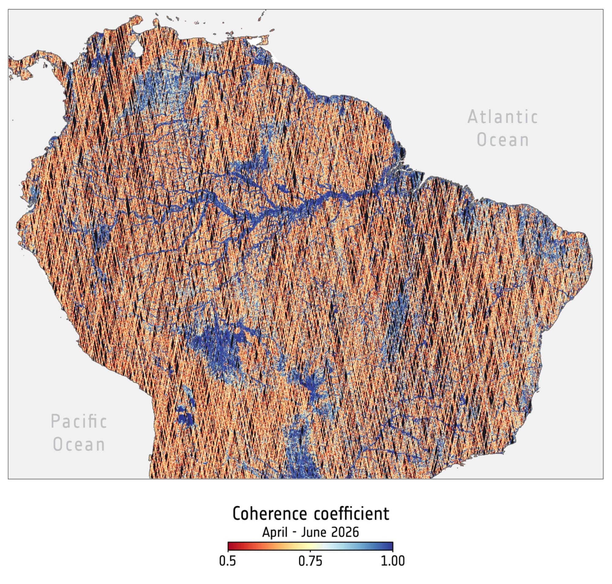 Hartă din datele HydroGNSS arătând apa de suprafață din America de Sud