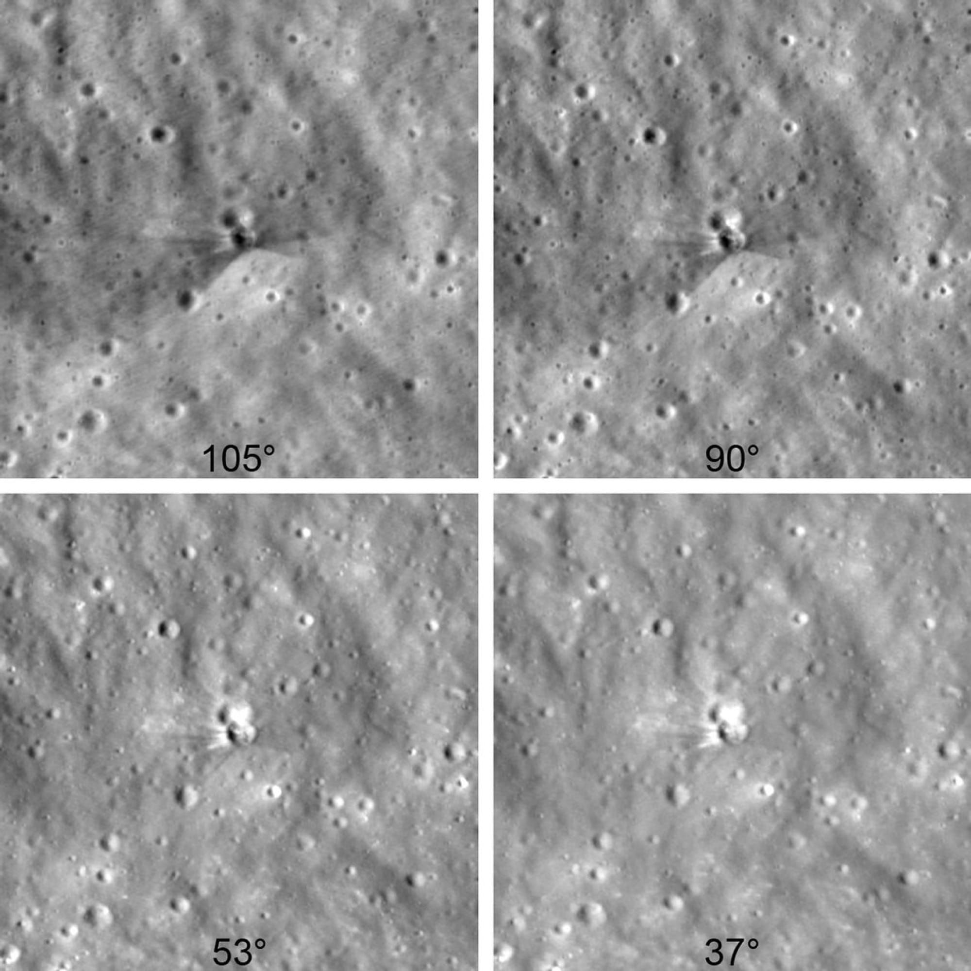 Patru imagini ale LRO cu craterul lăsat de impactul unui etaj de rachetă Falcon 9 pe Lună, fotografiate din unghiuri dif