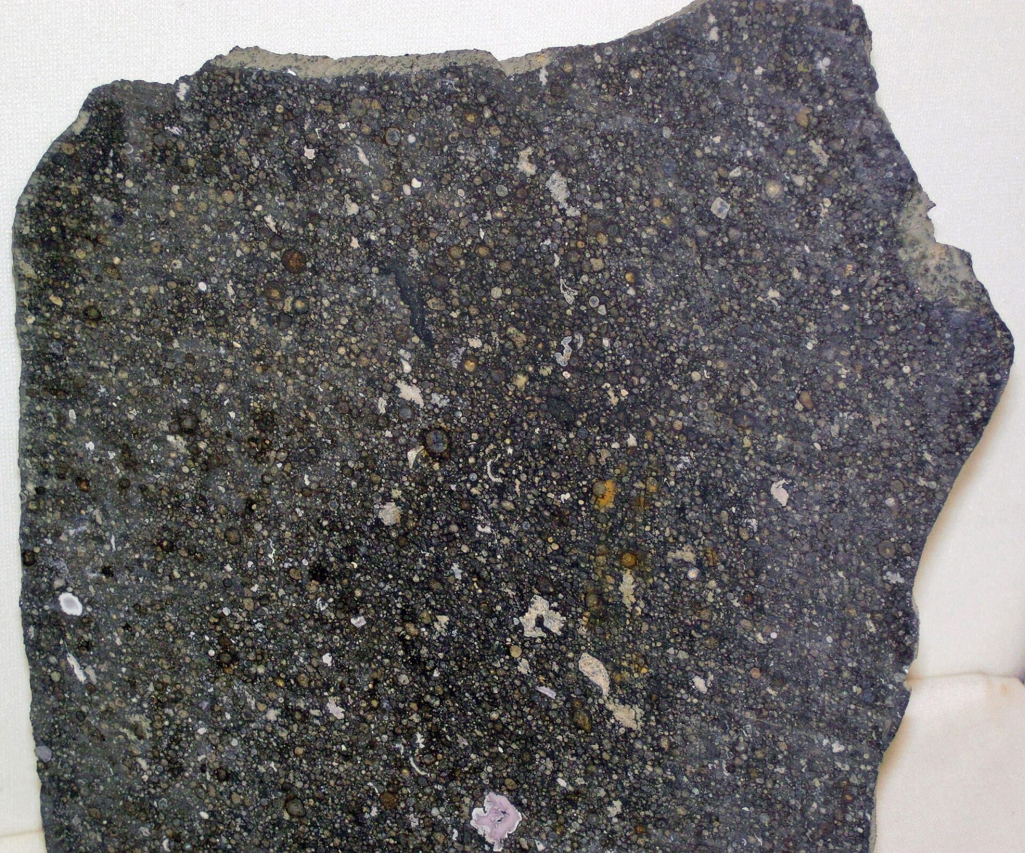 Secțiune dintr-un meteorit carbonaceu, cu textură granulară vizibilă