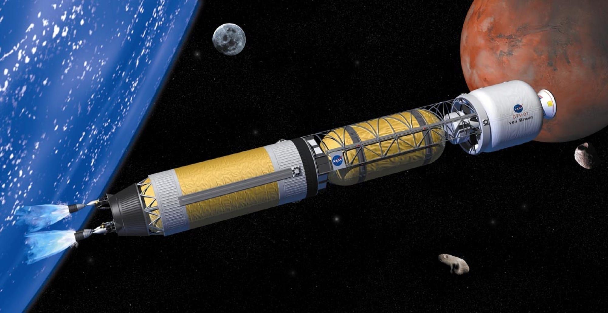 Ilustrație NASA a unei rachete nucleare bimodale în drum spre Marte