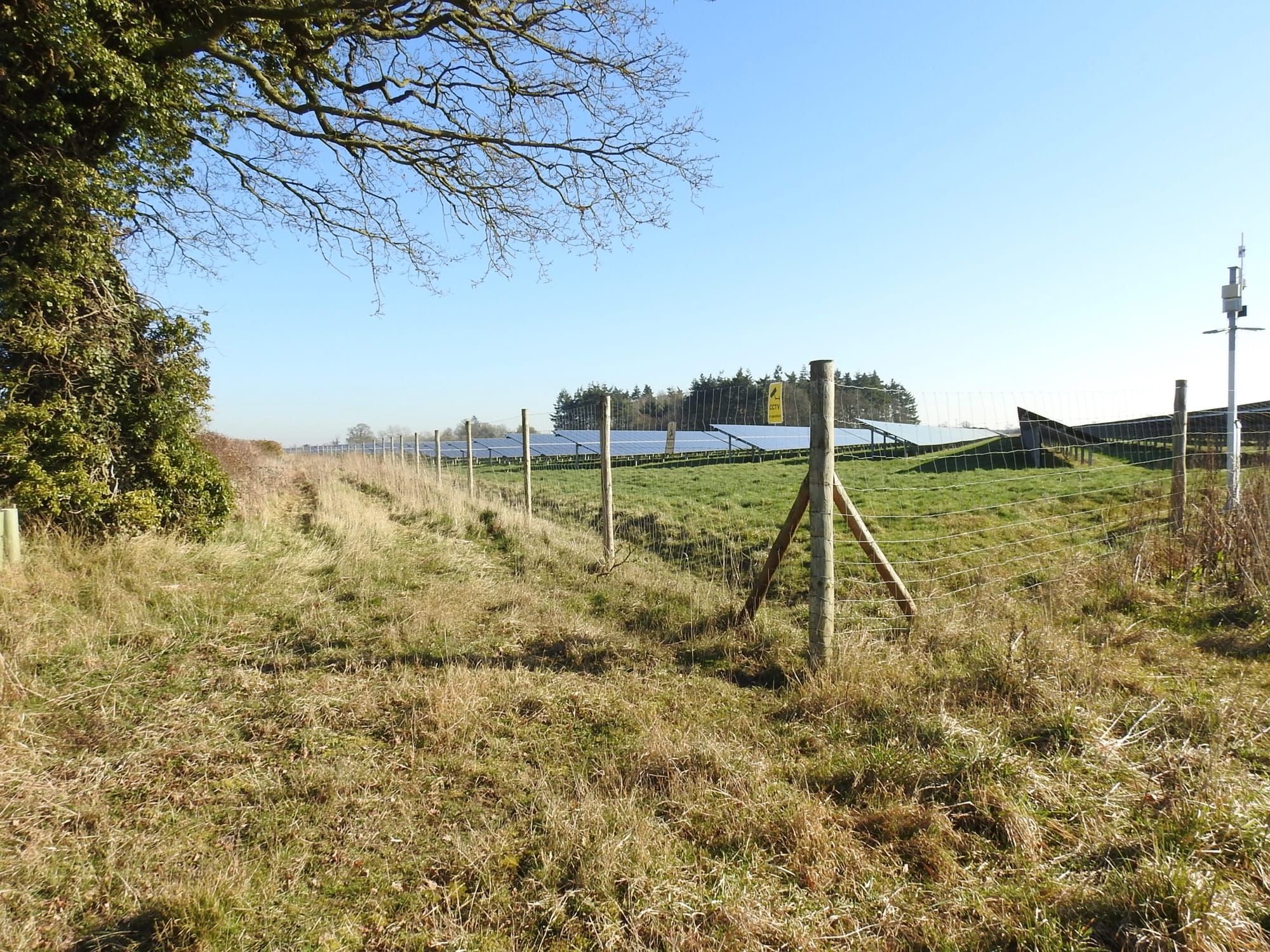 Panouri fotovoltaice într-un câmp verde, sub cer senin