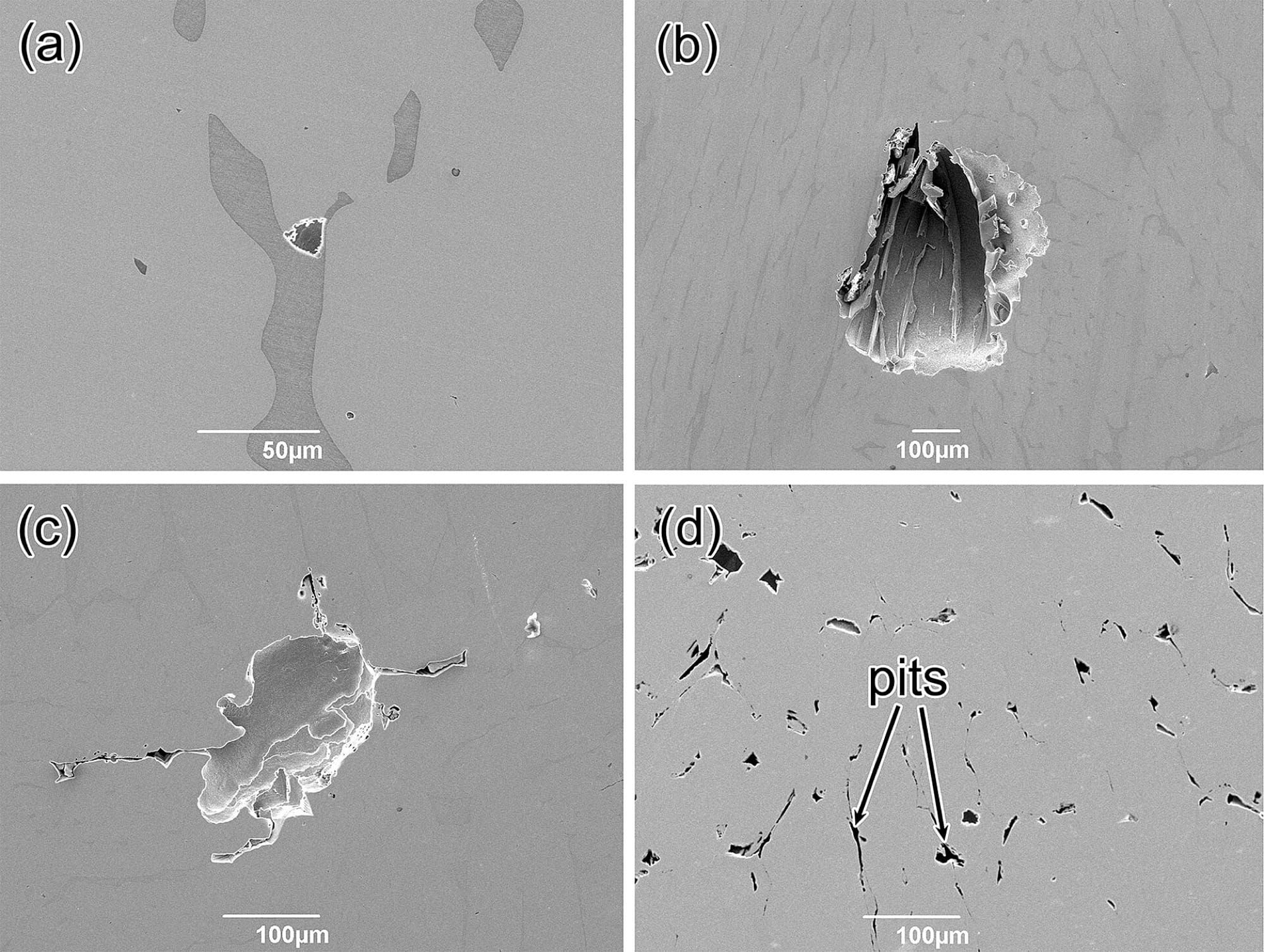 Imagini de microscopie electronică cu urme de coroziune punctiformă pe oțel inoxidabil