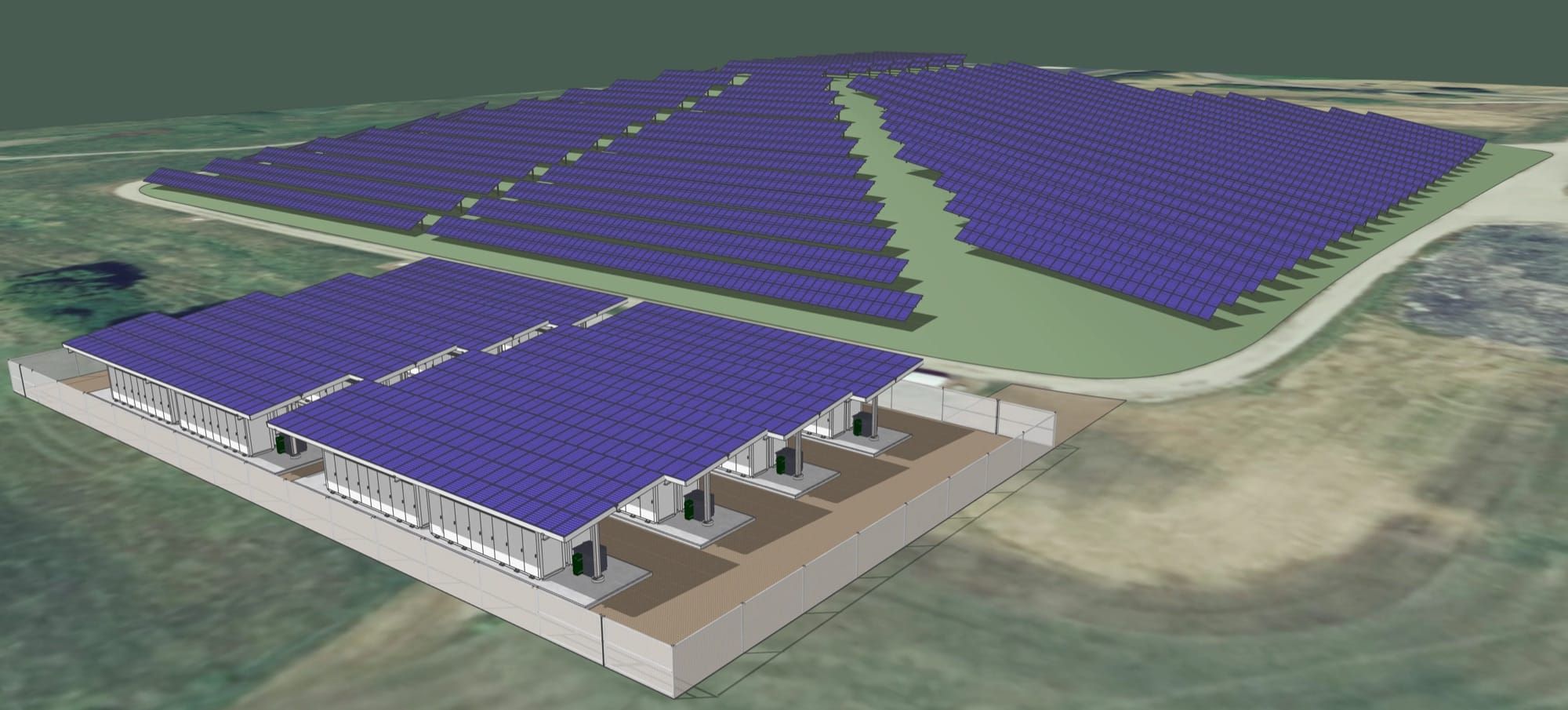Instalație de baterii pentru stocarea energiei, cu panouri solare deasupra