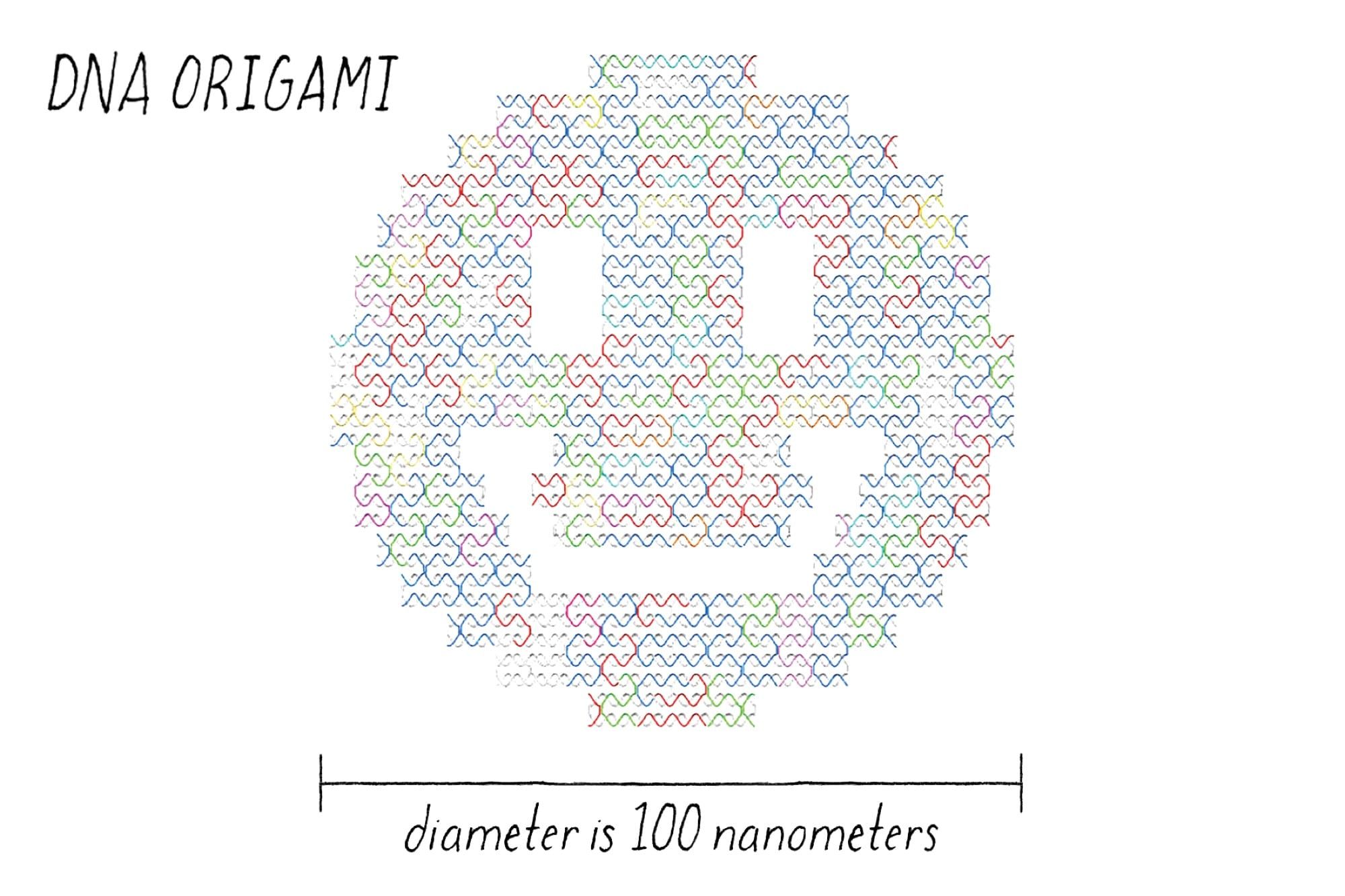 Ilustrație a unei structuri de ADN origami în formă de smiley, cu diametrul de 100 de nanometri