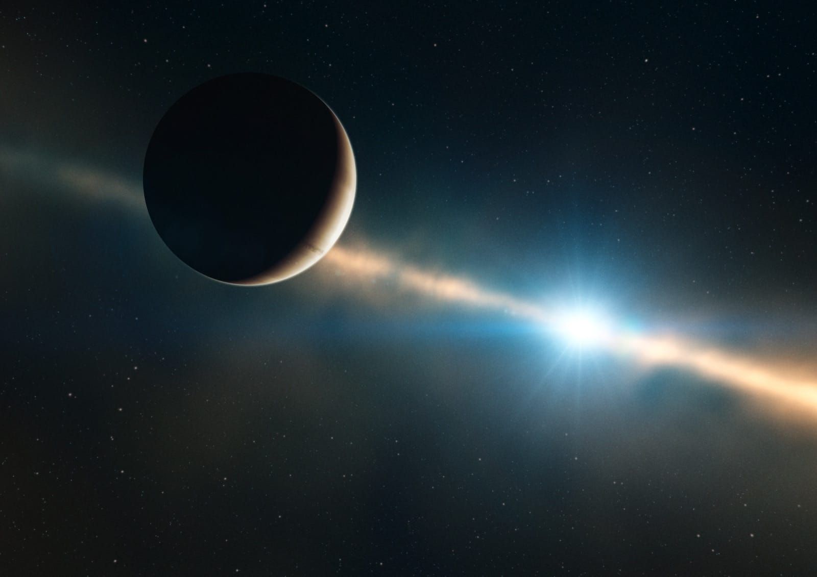 Reprezentare artistică a exoplanetei β Pictoris b lângă discul steic al sistemului