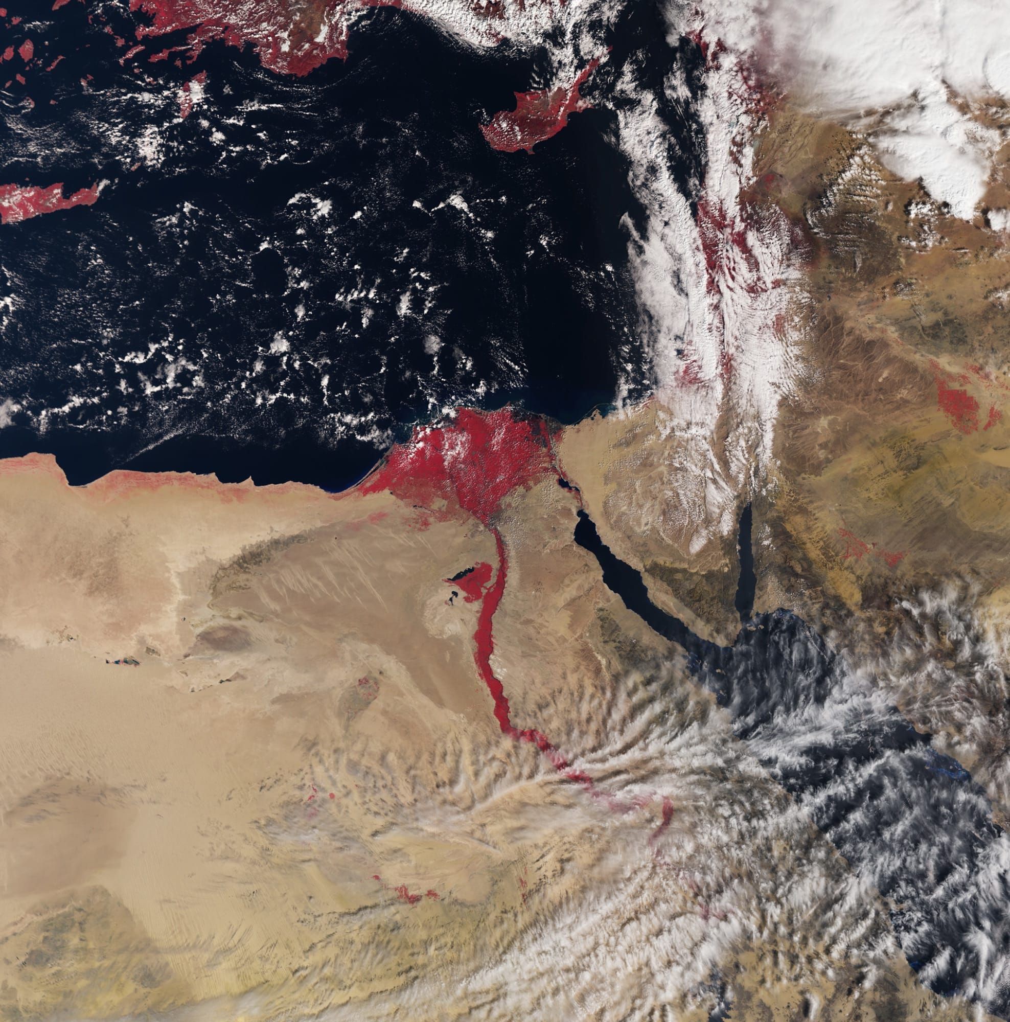 Imagine de arhivă Sentinel-3 în fals-culori cu delta și valea Nilului, Marea Mediterană și Marea Roșie