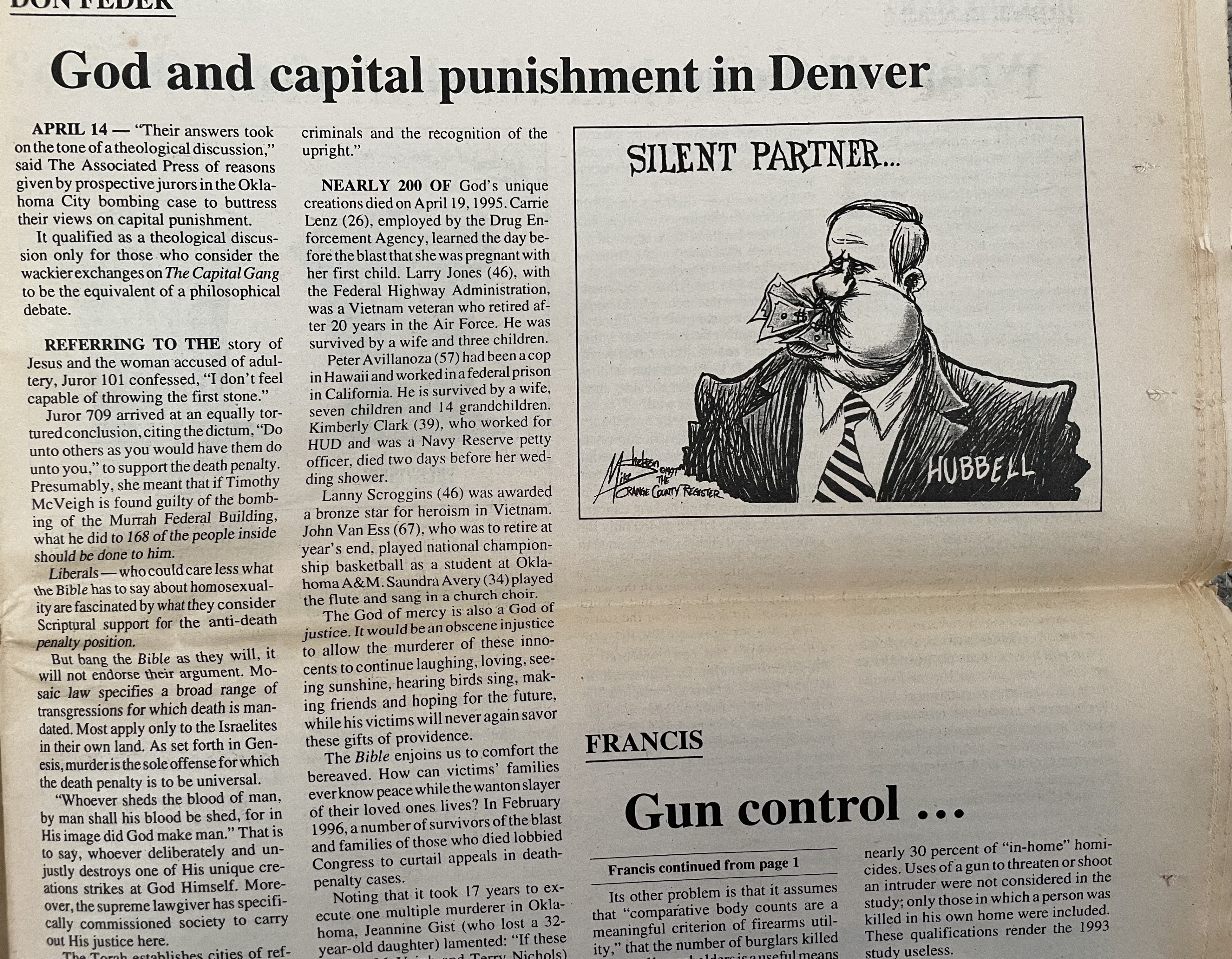 a newspaper page with the headline that says god and capital punishment in denver