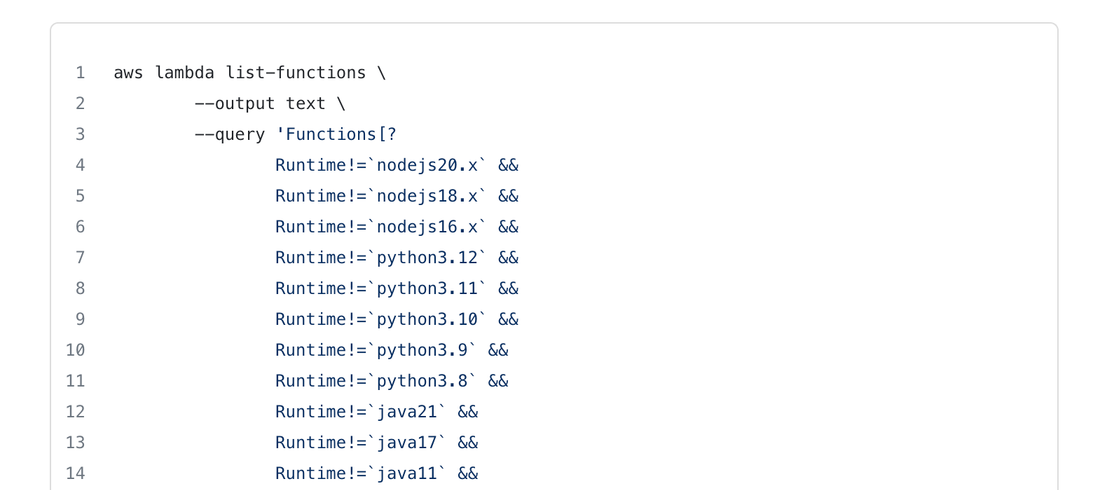 Part of an AWS CLI command gist to find deprecated Lambda runtimes