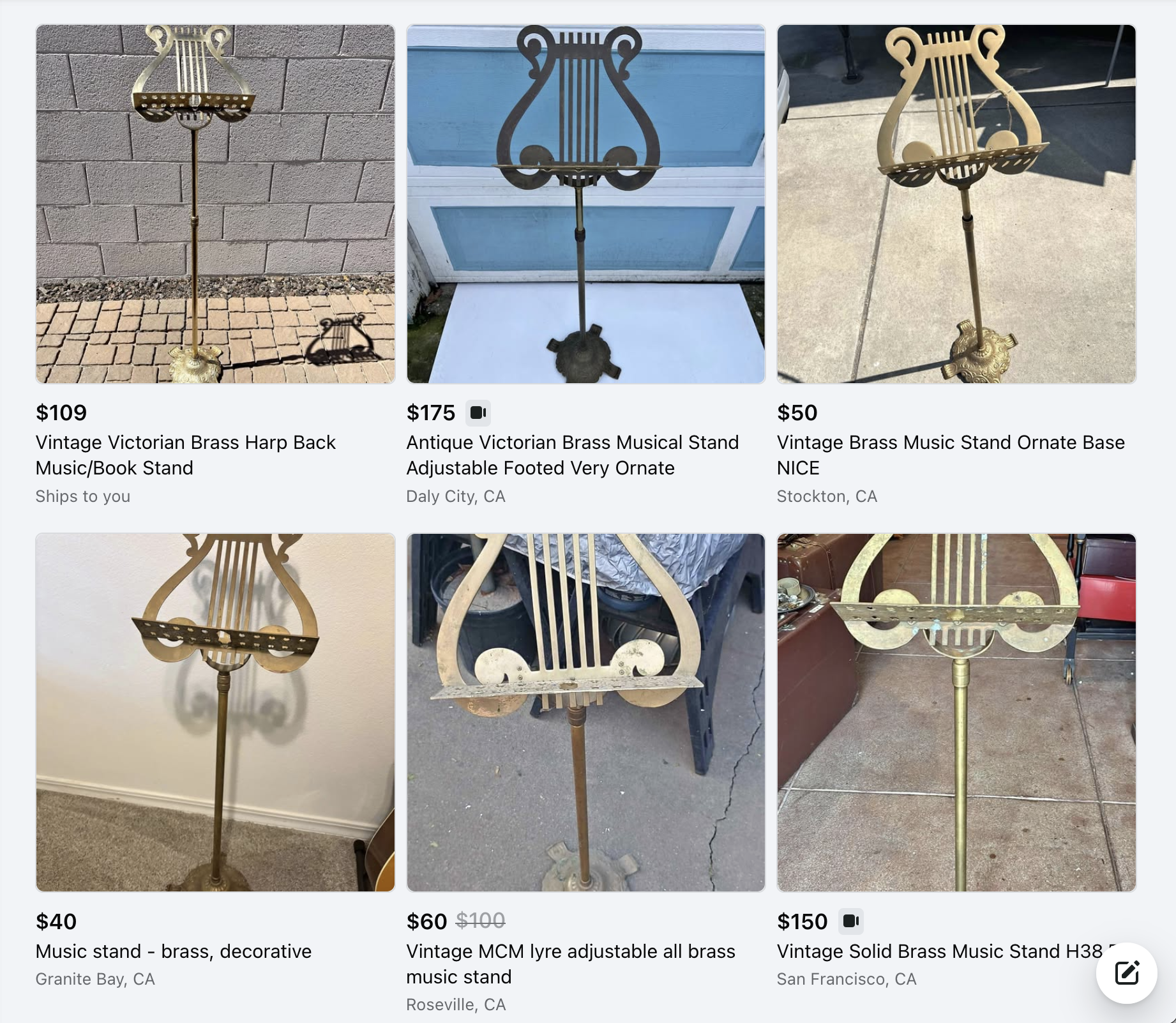 A grid of six identical brass lyre-shaped music stands for sale by different sellers, mostly in California, ranging from $40 to $175.