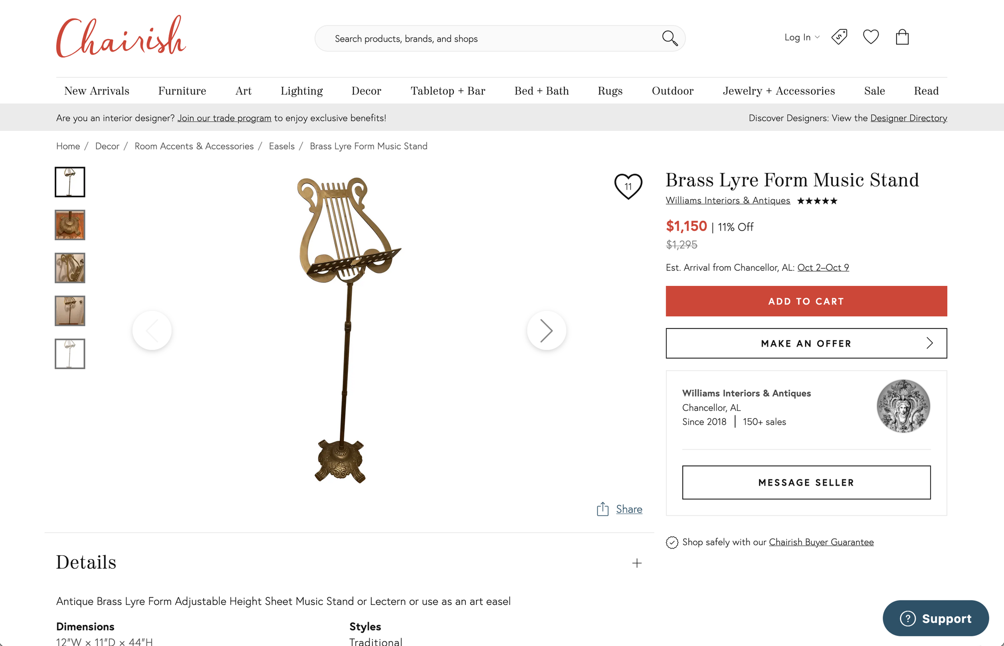 A screenshot of a product page from Chairish showing a brass lyre-shaped music stand selling for $1150, marked down 11% from $1295