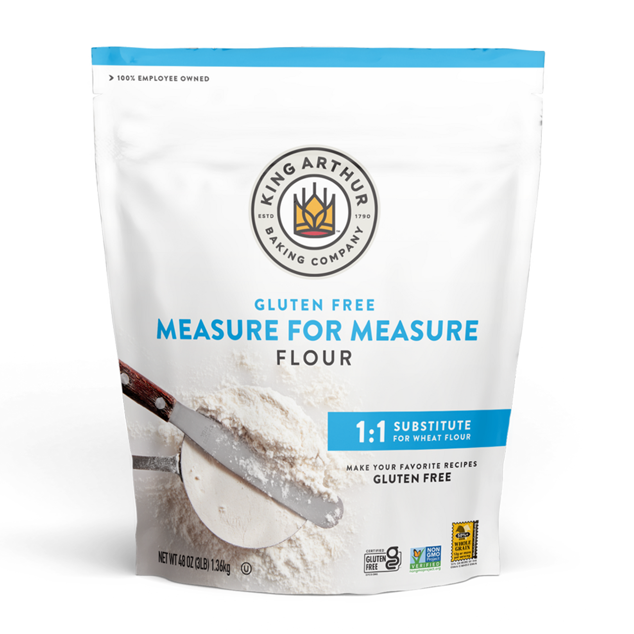 A bag of King Arthur Gluten Free Measure for Measure Flour with a photo of a cup of flour on the front.