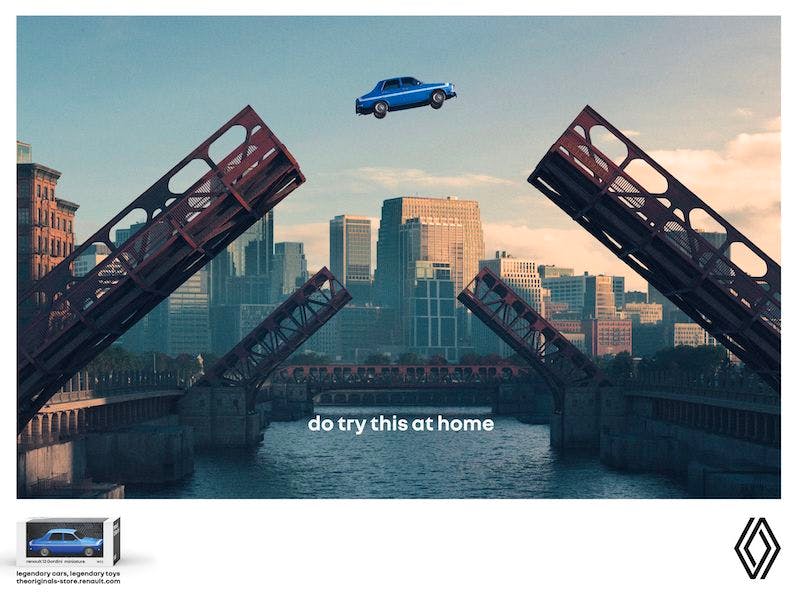 punchline layout - car ad, don't try this at home, “Legendary cars, legendary toys.”