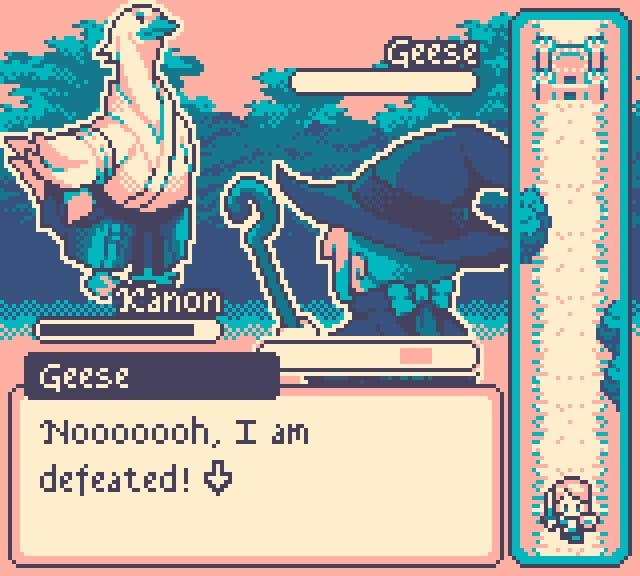 A screenshot from Yolk Heroes in the Blahaj palette (trans colors). My hero has defeated a Goose who is shouting "Nooooh I am defeated!"