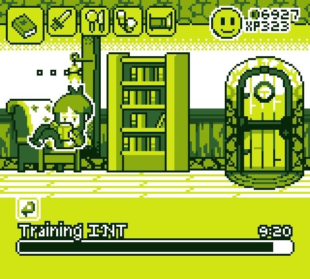 A Screenshot of the Idle Game "Yolk Heroes" in the Cabbage Green Gameboy palette where the hero you are raising is training INT for about 10 minutes.