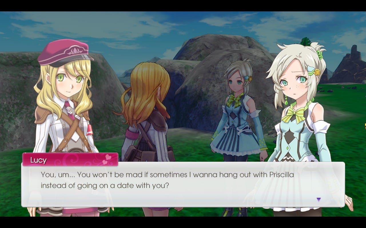 A Rune Factory 5 screenshot of one of Lucy's events. She's asking if Alice will be mad if she still hangs out with Priscilla instead of going on dates on occasion.