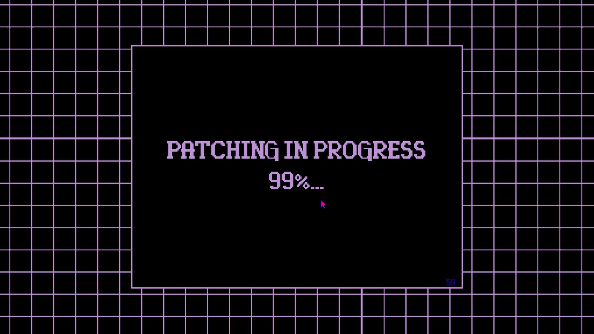 A Screenshot of the game "205 clicks" that says "Patching in Progress 99%..."