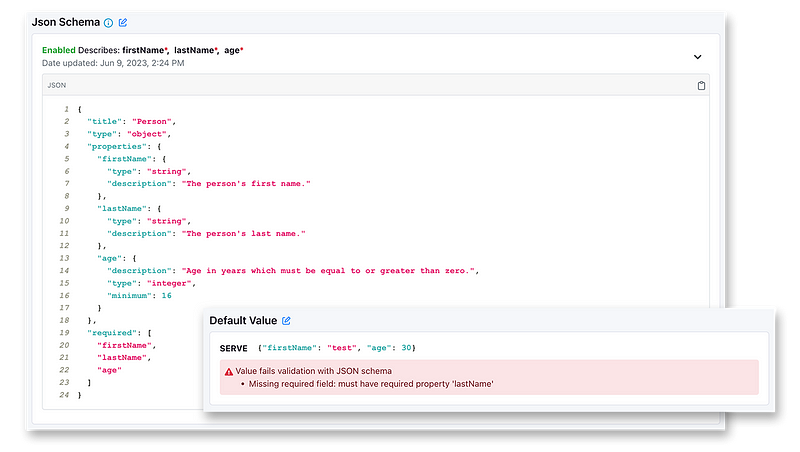 Showing that JSON Schemas that can be added to features, with an example of the value validation error