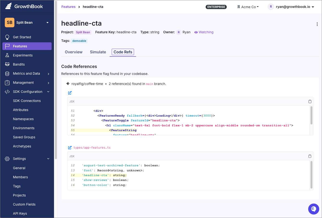 Code refs, showing where feature flags are used in code