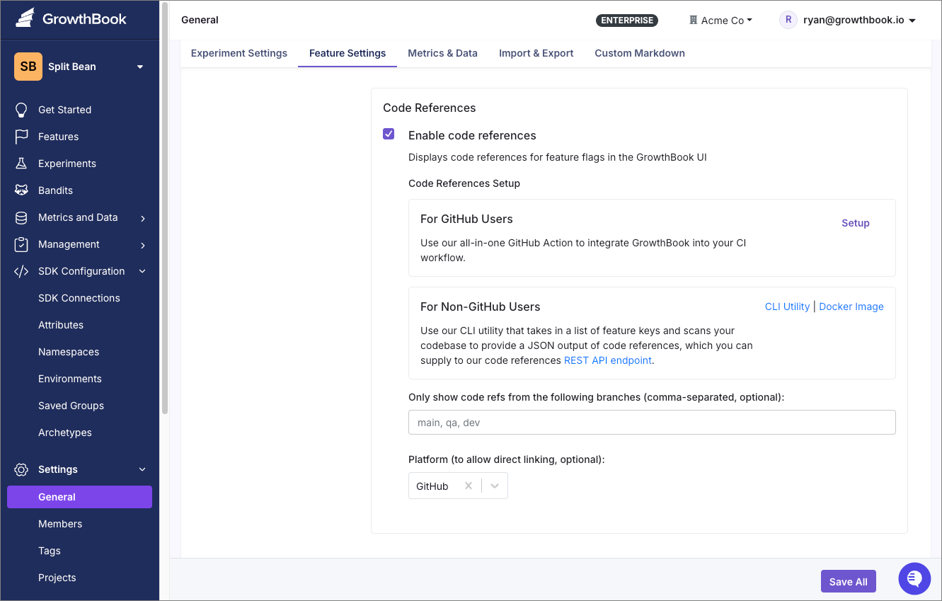 code references settings page