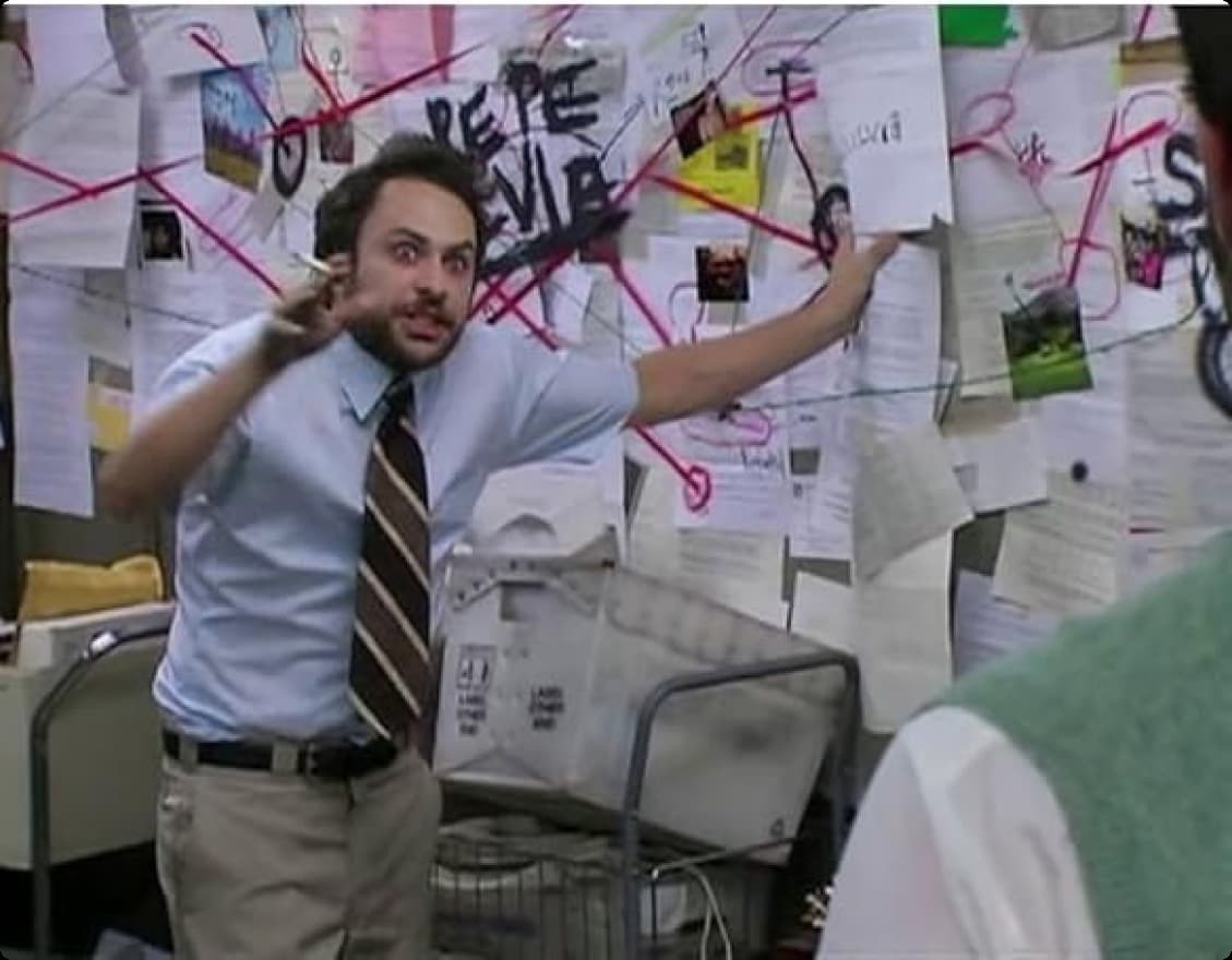 Pepe Silvia meme with Charlie looking at papers connected together with red string