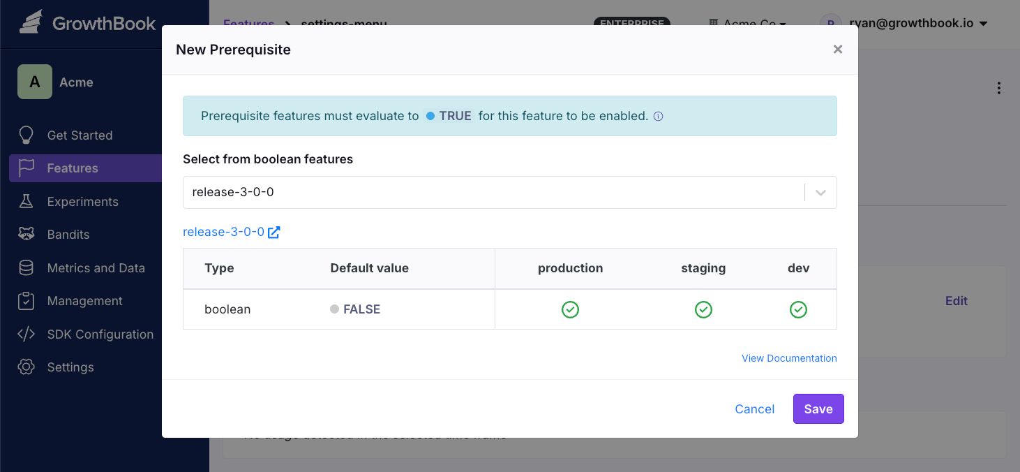 Setting a prerequisite feature in GrowthBook