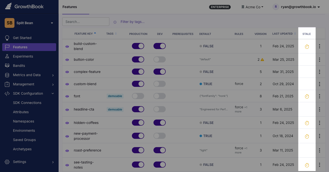 GrowthBook flags with the stale column highlighted