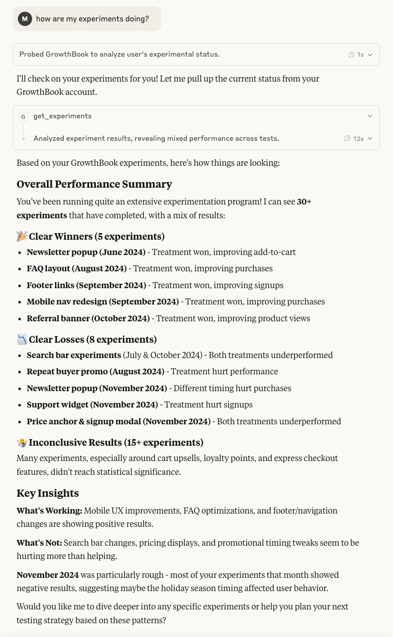 Screenshot of Claude Desktop analyzing GrowthBook experiments, showing a summary of 30+ completed experiments categorized as winners, losers, and inconclusive results, with insights about November 2024 performance and mobile UX improvements
