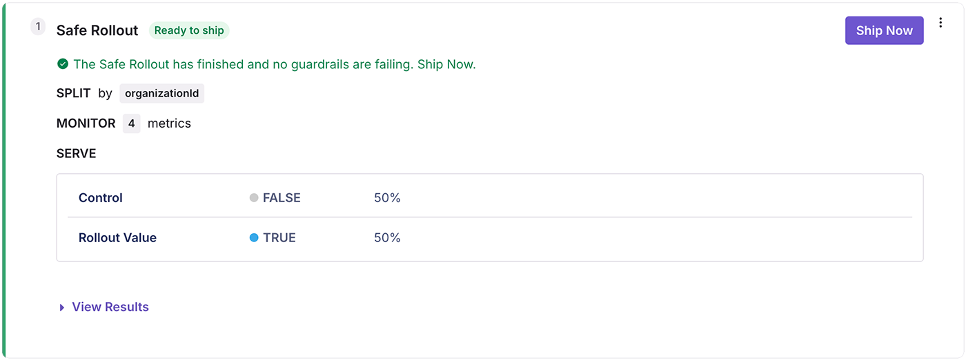 GrowthBook Safe Rollout showing a rule that is safe to ship as no guardrails are failing