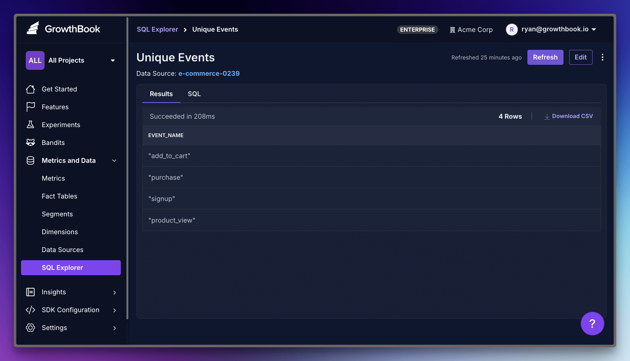 SQL query results showing four unique event types: add_to_cart, purchase, signup, and product_view.