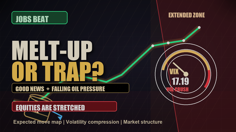 A cinematic market thumbnail showing a rally warning, falling oil pressure, and VIX compression.